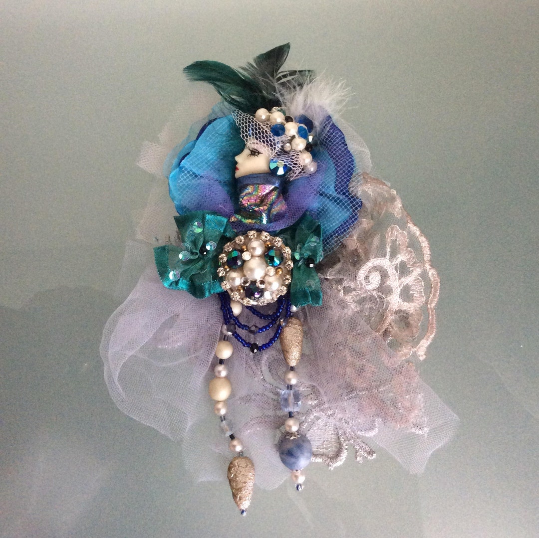 Lady Face Brooch Peacock Colors Handmade Art Deco Style Etsy