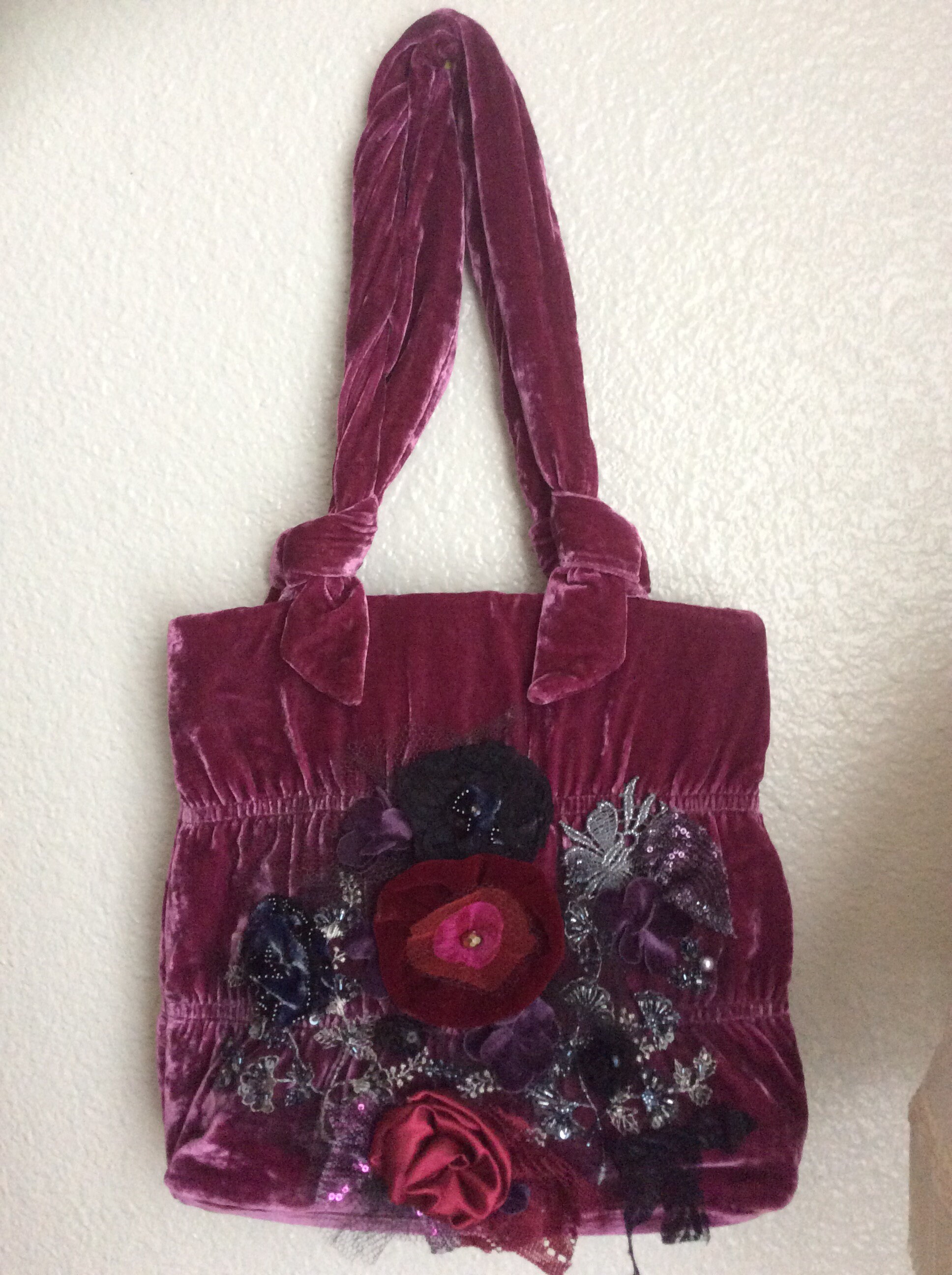 Women’s Velvet Boho Bag Purse Handcraft Pink Floral altered Couture