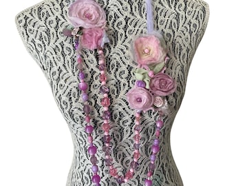 Necklace Flowers two strips vintage  purple / pink beads  Handmade altered couture