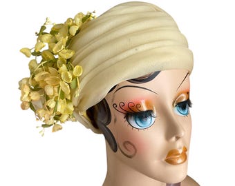 VTG 1960s Christian Dior Velvet Hat Yellow Striped Draped  display picture 3
