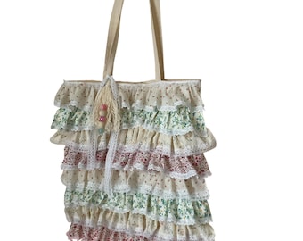 Cabas pour femme Sac à volants style bohème shabby chic Accessoires recyclés faits main