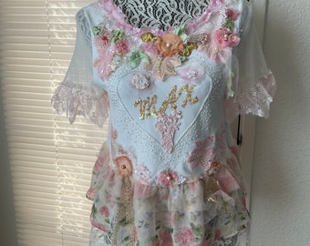 Delicate flowers Top Shabby chic Handmade Upcycled Sz S Altered couture