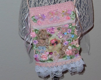 Somewhere in Time- Purse Romantic, Shabby Chic, unique,Appliqué Ribbon Flowers Lady Lace Handcrafted