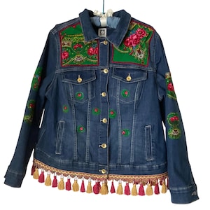 Chaqueta vaquera de alta costura modificada, reciclada y hecha a mano, tallas grandes.