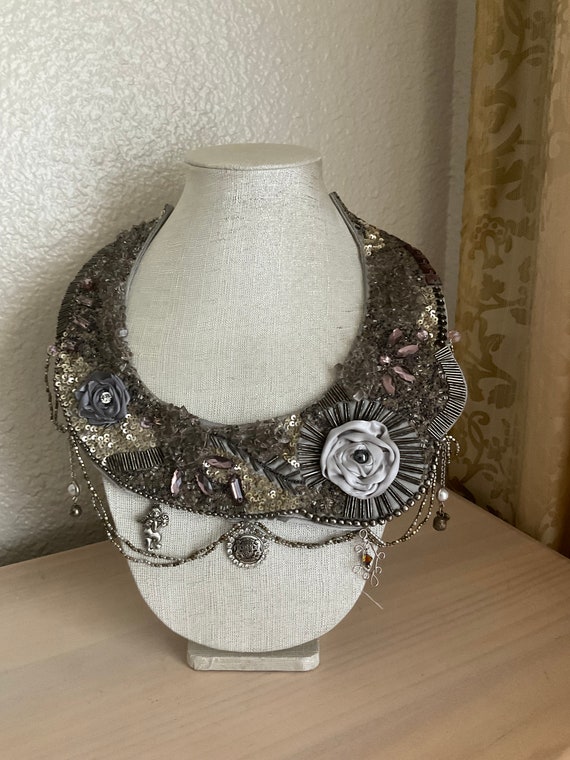 Altered couture Jewelry Necklace Collar Embroidered mixed beads Handmade