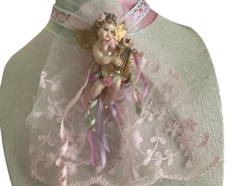 Altered couture Necklace Brooch Pendant Choker Angel  Rococo style Pink Handmade