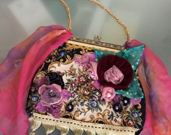 Vintage Roses -Purse Hand Bag vintage Tapestry Flowers    Handmade Bohemian Shabby Chic  Upcycled