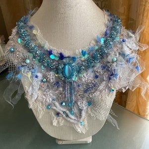 Blue Necklace Art to wear Handmade Mixed Beads Crystals Lace Bohemian Altered couture jewelry