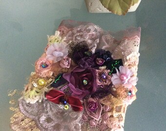 Vintage Style- Art to wear Cuff Bracelet Bohemian  Boho  Shabby Chic Handcraft Flowers Lace