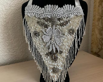 Art Deco Necklace Altered couture Art to wear Handmade Vintage element beads sequins