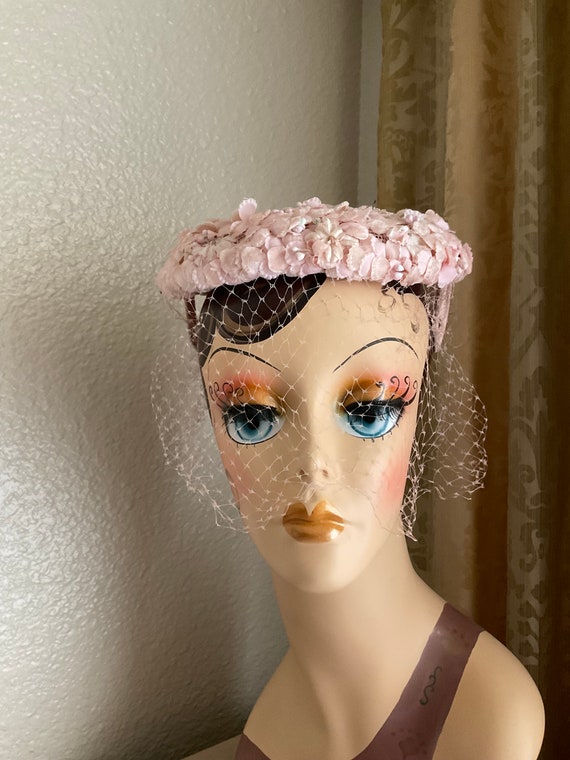Vintage Lady Pillbox Hat Pink Flowers