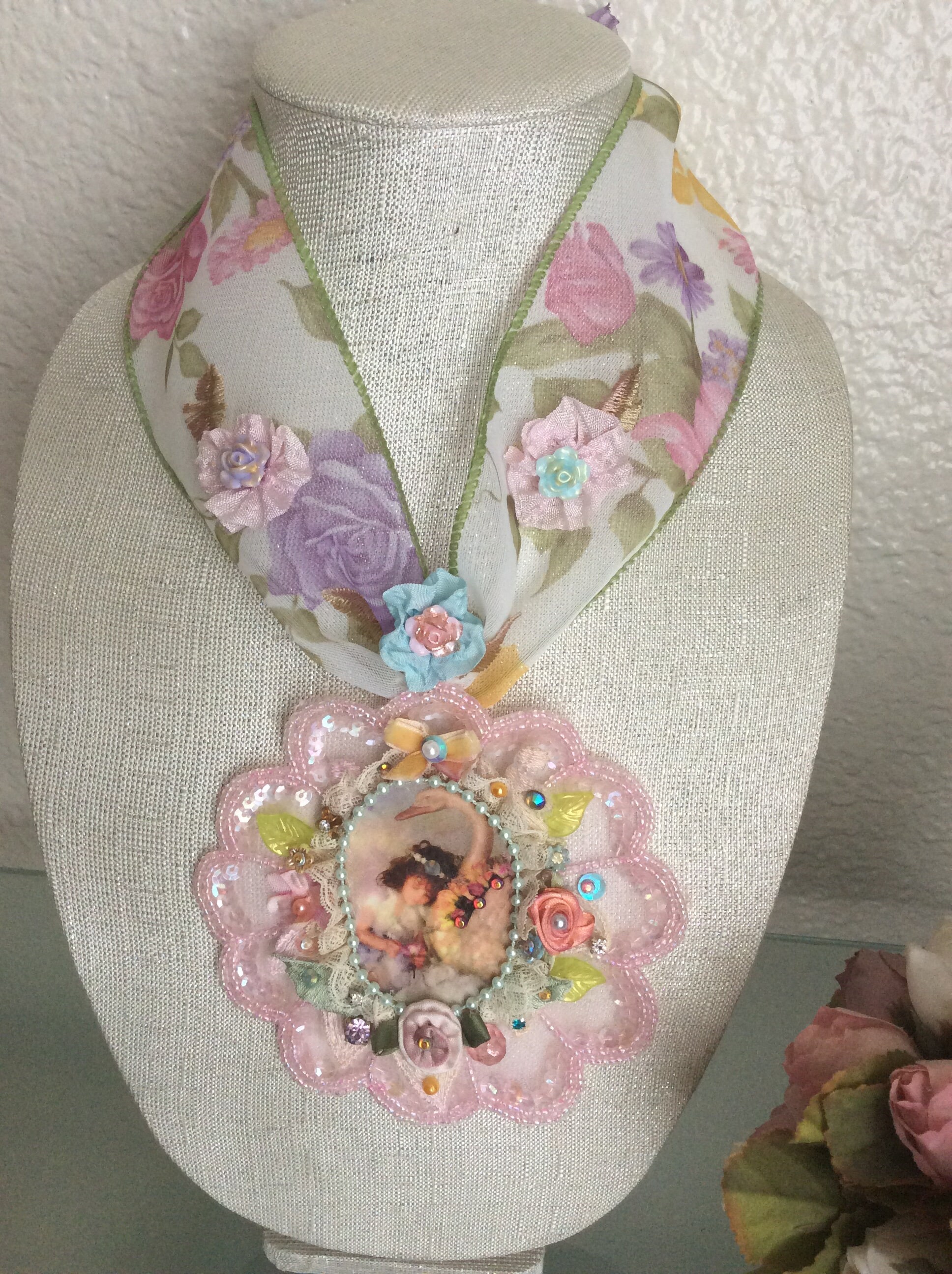 Necklace Pendant Shabby Chic Bohemian Handcraft Chocker Rose