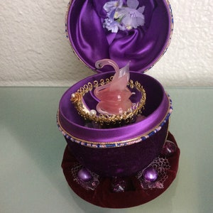 Swan Lake- Decorative  Velvet Egg/ Art Glass Swan Faberge Style Handcraft Home Decor