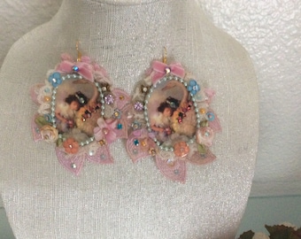 Cutie w/ Rose- Earrings Dangle Altered Couture Art to wear Shabby Chic Victorian Bohemian Handcraft Decoupage Mixed