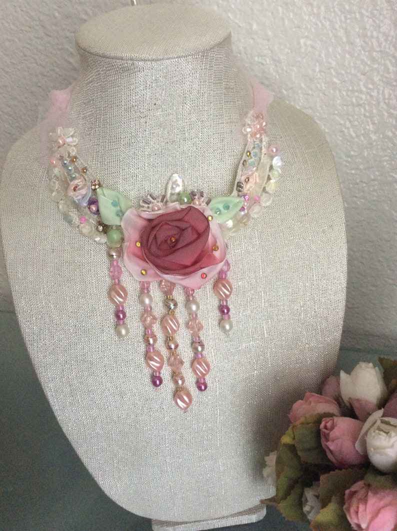 Necklace Pendant Shabby Chic Bohemian Handcraft Chocker Rose