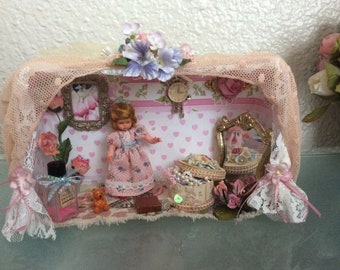 Miniature Doll Room Vintage elements doll house shadow box Handmade  collectible home decor
