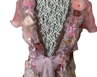 Arte de alta costura alterado para usar Top floral hecho a mano reciclado talla S