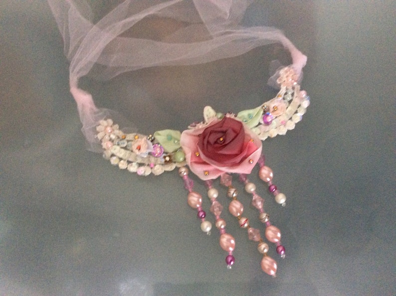 Necklace Pendant Shabby Chic Bohemian Handcraft Chocker Rose