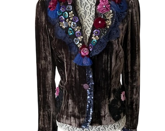 Art to wear Jacket Bohemian style Altered couture Handmade Upcycled Sz 6 Velvet