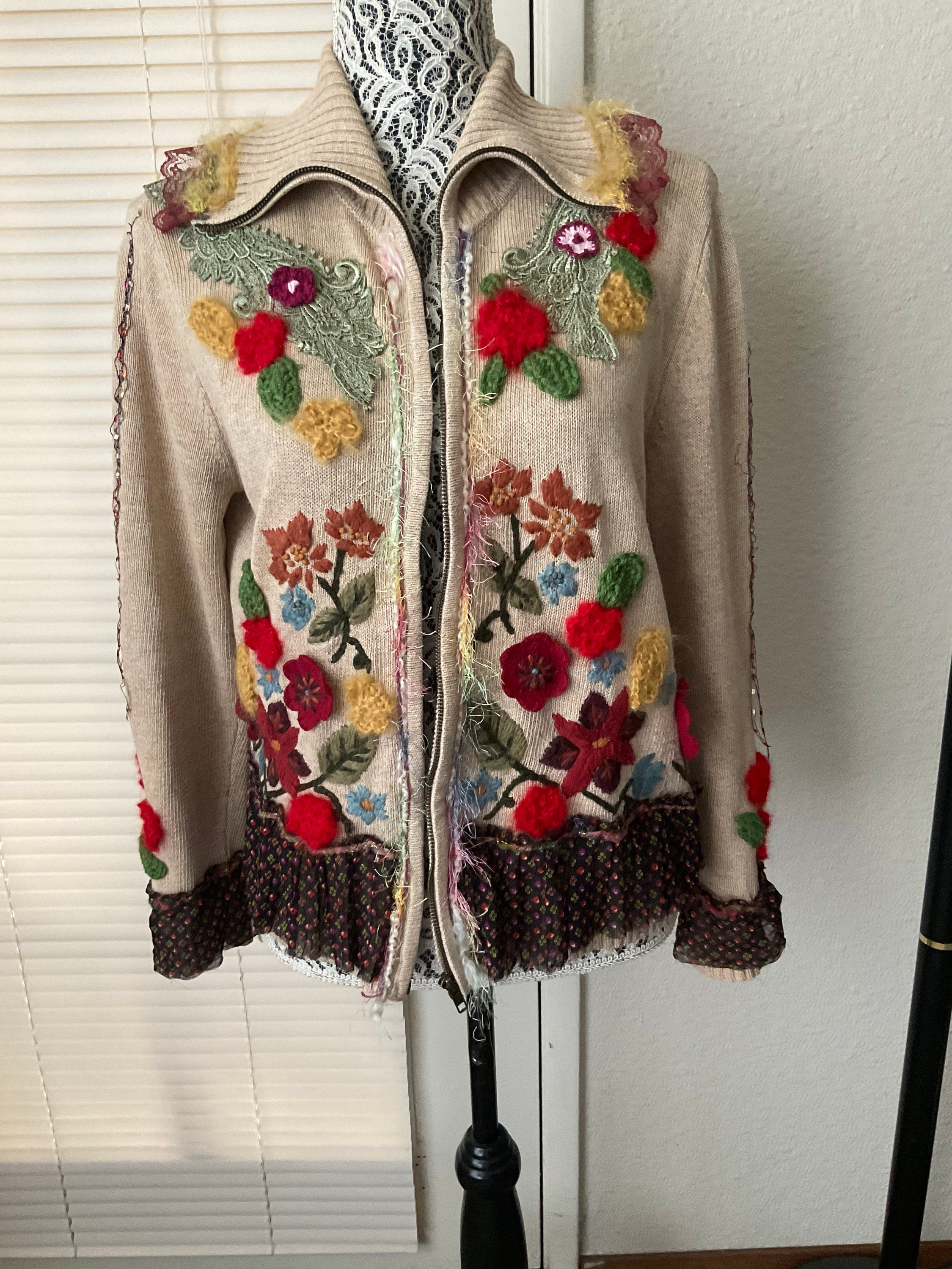 Autumn Top Jacket Knit Embroidery Upcycle Handmade Cotton Sz S - Etsy