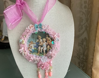 Necklace pendant / Brooch Victorian Baby  Shabby Chic Handmade  Vintage Beads Lace Blue / White/ Pink