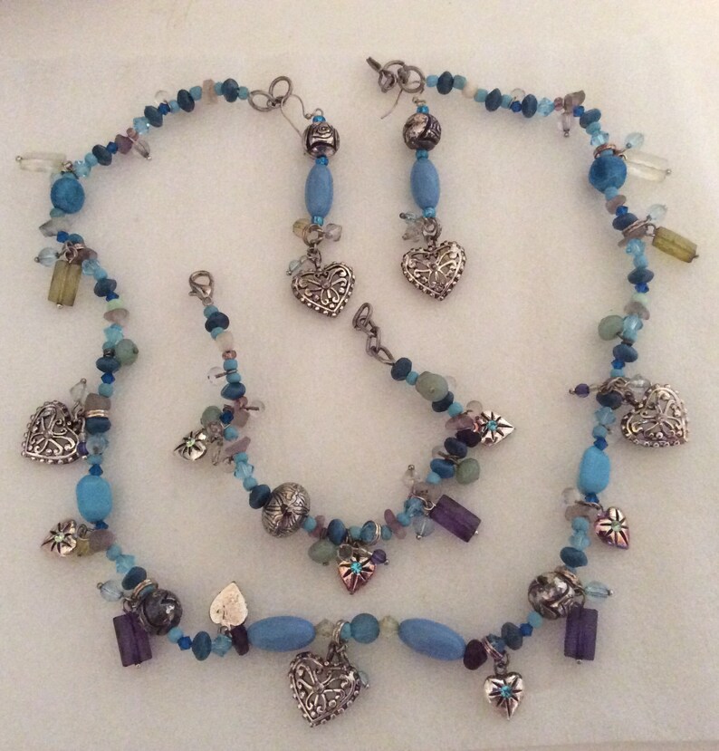 Jewelry Set Blue Hearts-Necklace Bracelet Earrings Handcraft beads