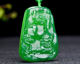 Natural AAA green jadeite jade pendant good luck oval landscape pendant necklace
