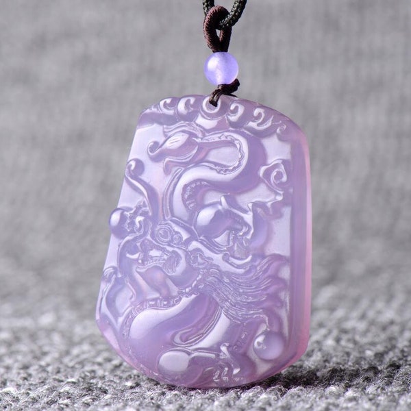 Natural AAA ice kind of the light purple jadeite jade luck oval dragon pendant necklace