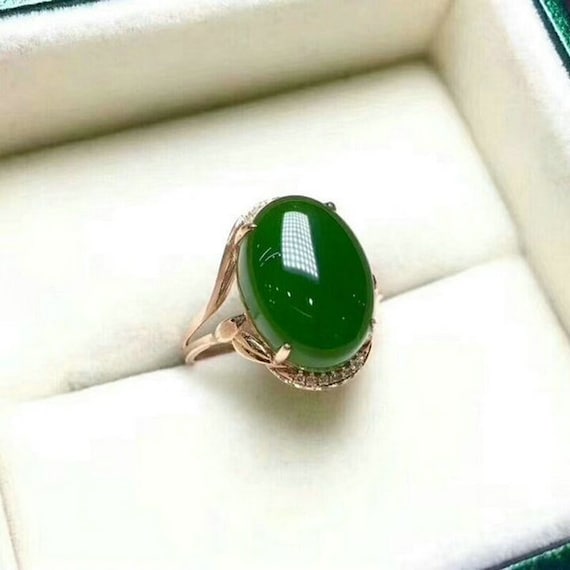 Omer 925 Sterling Silver Green Jade Large Men's Ring Hammered Ancient