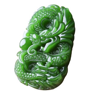 Natural AAA deep green jadeite jade color handmade good luck oval dragon charm pendant necklace image 4