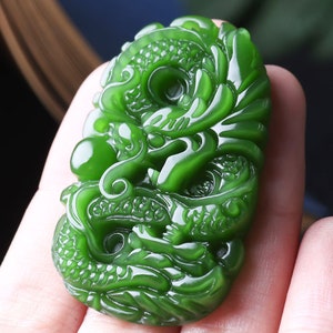 Natural AAA deep green jadeite jade color handmade good luck oval dragon charm pendant necklace image 2