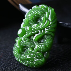 Natural AAA deep green jadeite jade color handmade good luck oval dragon charm pendant necklace image 3