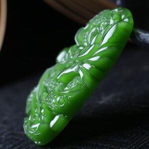 Natural AAA deep green jadeite jade color handmade good luck oval dragon charm pendant necklace image 5