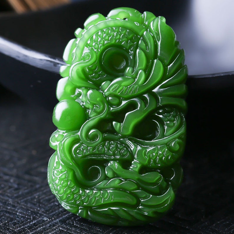 Natural AAA deep green jadeite jade color handmade good luck oval dragon charm pendant necklace image 1