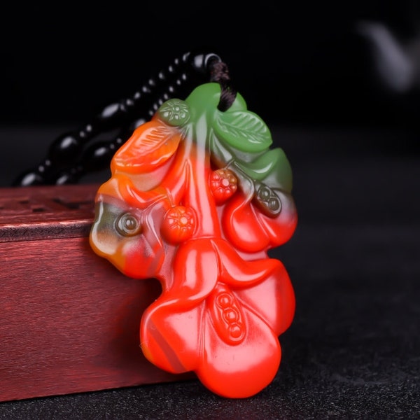 Natural AAA red blue and white jadeite jade handmade charm Magnolia pendant necklace