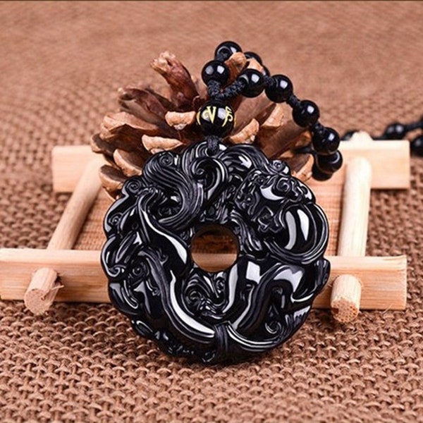 Natural AAA Obsidian Hand Carved Beautiful Charm Round Dragon Pendant Bead Necklace