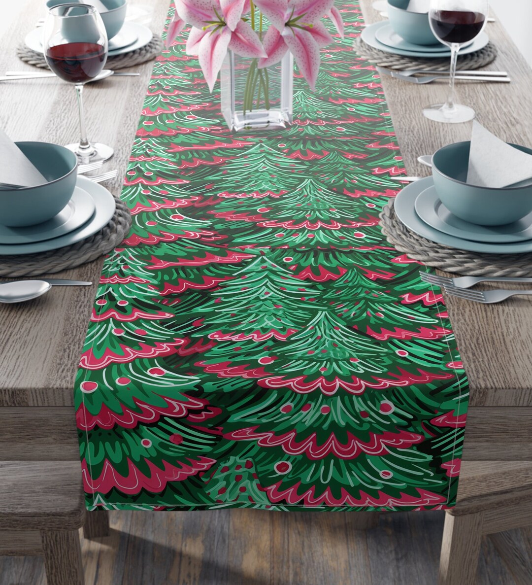 Merry Christmas Table Runner Green and Red Christmas Trees Table Runner