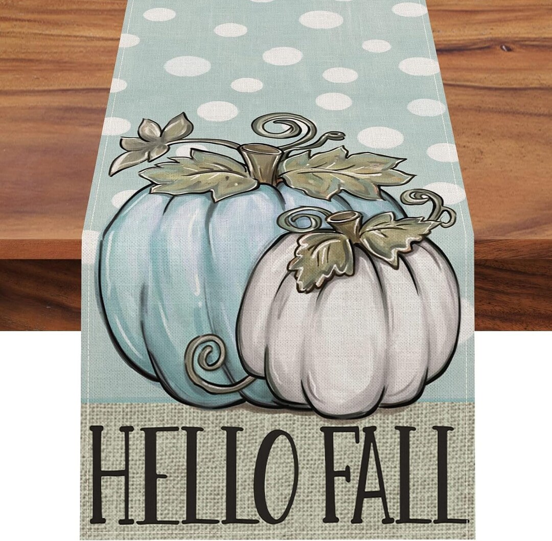 Hello Fall Teal White Blue Pumpkin Table Runner Autumn Polka Etsy