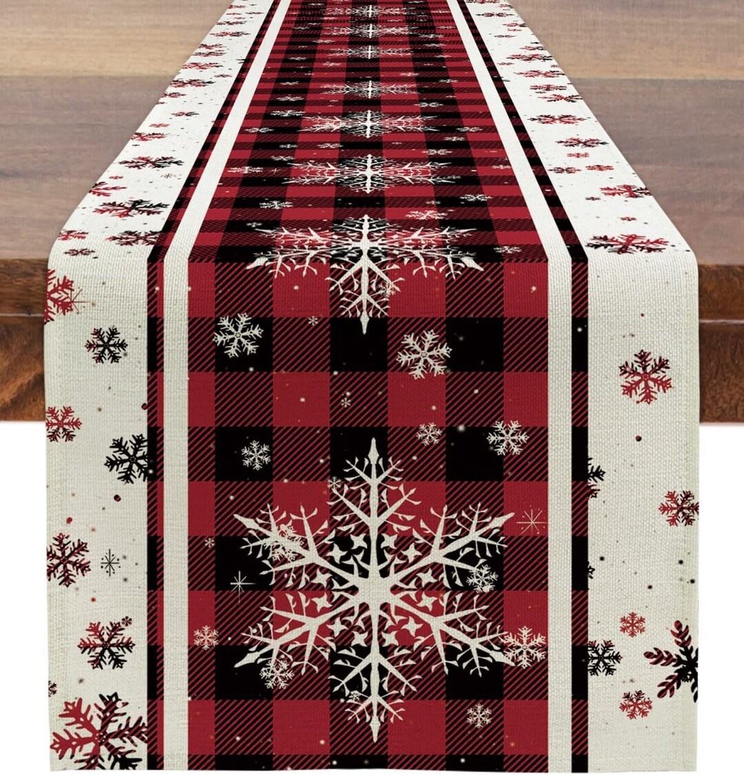 Beautiful Red Christmas Table Runner Buffalo Plaid Snowflake Etsy