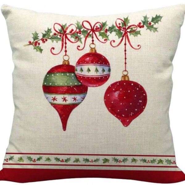 Merry Christmas Hanging Ornaments on Beige Pillow Cover 18 x 18