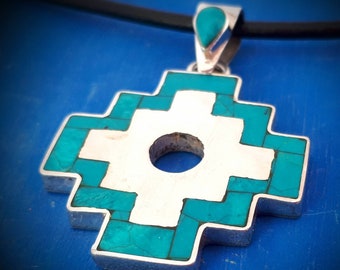 chakana inca cross pendant necklace sterling silver turquoise, spiritual jewelry from ancient Peru, antique Inca symbol of Sun, bestseller