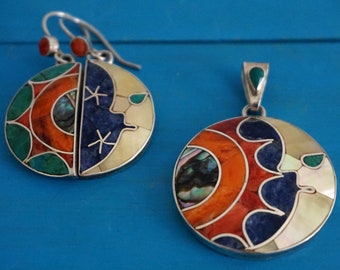 sun and moon  jewelry set pendant necklace and earrings - unique handmade Peruvian 950 silver jewelry with inlay stones - galactic wedding