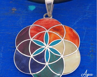 flower of life with 7 chakra colors stones silver pendant necklace from peru sacred geometry pattern pendant necklace artisan jewelry cusco