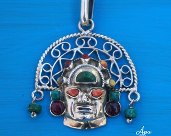 tumi head silver large with stones - big peruvian pendant necklace - inca shaman symbol - gift for healer