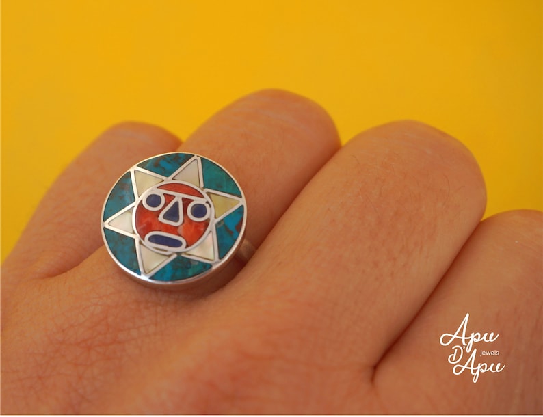 ancient symbol sun of Peru mystical precolumbian ring Inca Sun God silver ring