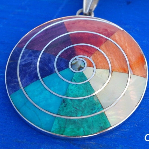 7 chakra colors pachamama pendant necklace handmade in silver with inlay stones and shells from Peru peruvian symbol of mother earth