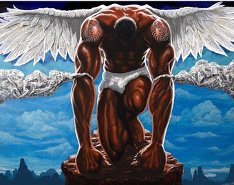 May include: An artistic painting depicts a muscular figure with dark skin, kneeling on a rocky surface. The figure has white wings and tribal tattoos on the shoulders. The background features a blue sky with clouds.
