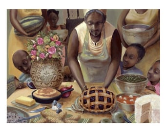 May include: A painting of a family gathering around a table filled with food. There is a watermelon, a pie, cornbread, and other dishes. The woman in the center is wearing a yellow and brown dress and is holding a pie.