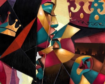 African American Romantic Art Print by Salaam Muhammad - Black Couple Cubism (UNFRAMED)
