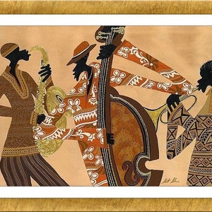May include: An artistic print of a jazz band performing. The musicians are depicted in silhouette, playing a saxophone, double bass, and trumpet. The band members are wearing patterned clothing in shades of brown, orange, and gold, set against a tan background.